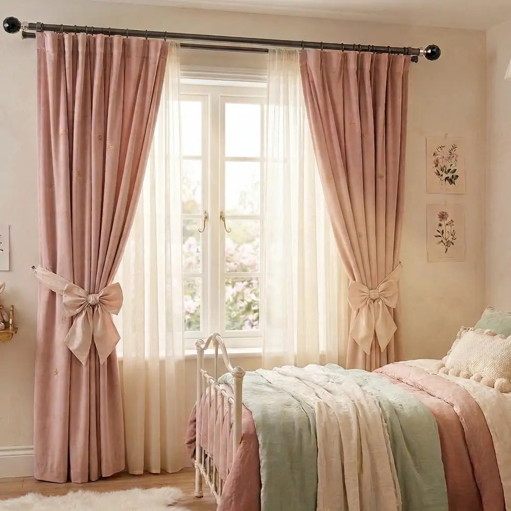 28mm Double Pole Set with Crystal Ball Finials - Gun Metal 2 Close-up of a Finishing Touches 28mm double curtain pole set in gun metal. The front pole features a faceted crystal finial, while the back pole is finished with a sleek end cap, shown in an interior setting.