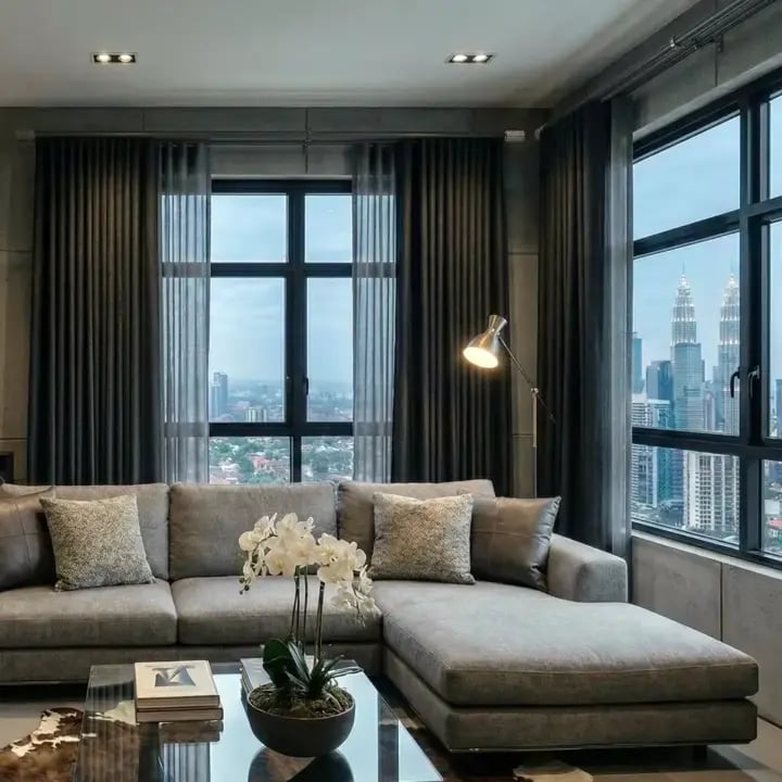 Close-up of a 28mm double curtain rod system with a decorative Designer Ring finial, designed for layering sheer and blockout curtains.