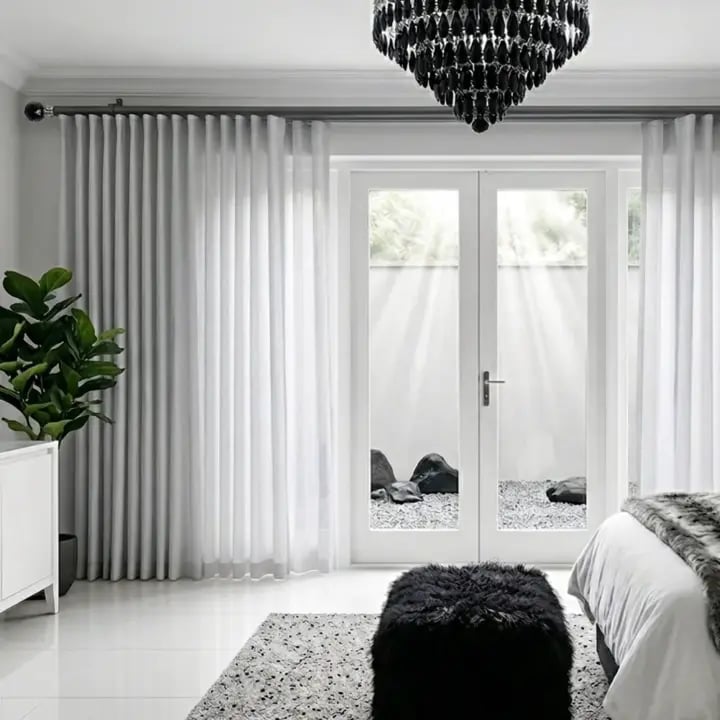 Gun metal 28mm double pole set with a decorative faceted crystal finial and matching hardware, shown in a modern interior.