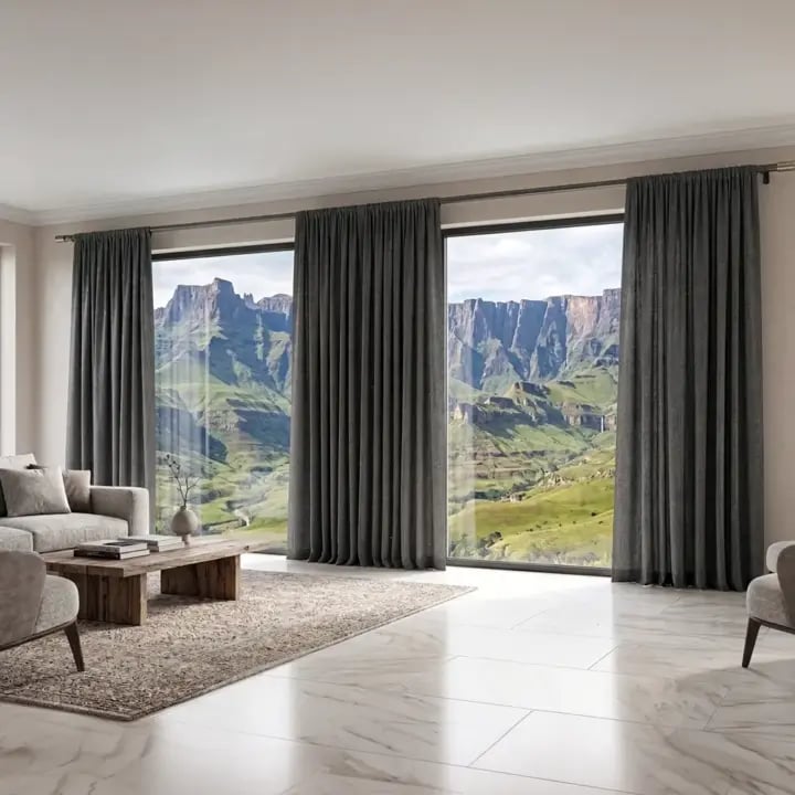 A 28mm single curtain pole in a gun metal finish, featuring a modern designer ring finial, shown in a contemporary interior setting.