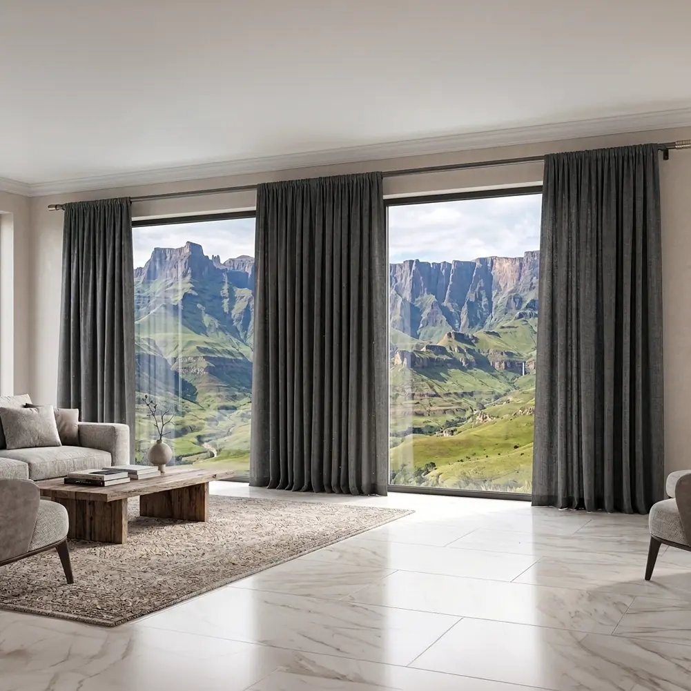 A 28mm single curtain pole in a gun metal finish, featuring a modern designer ring finial, shown in a contemporary interior setting.