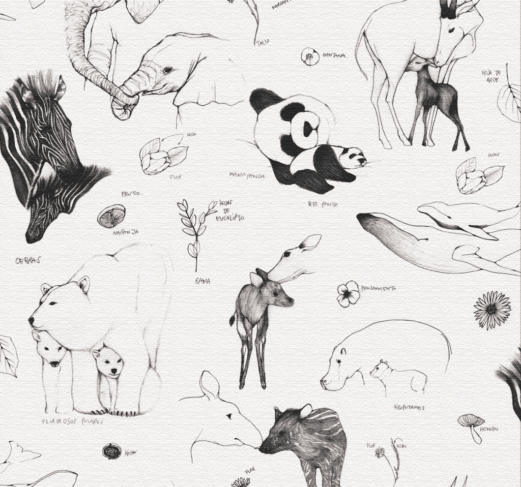 Kids Wallpaper - Baby Animals - Black & White