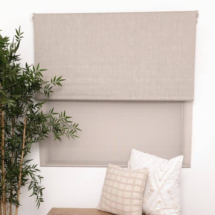 Fabric roller blind block out and sheer set natural