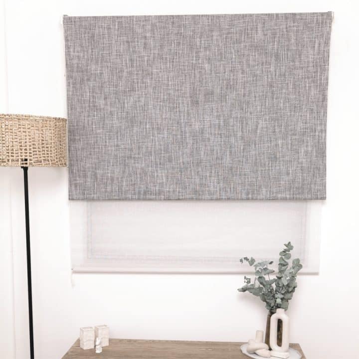 FABRIC ROLLER BLIND BLOCKOUT AND SHEER SET- TEXT DOVE WITH WHITE SHEER